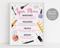 the spa menu is displayed in front of a white background with pink and yellow accents