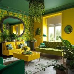 a living room with green and yellow walls, couches, chairs and plants in the corner