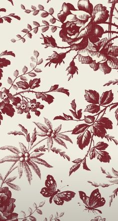 a red and white floral wallpaper with lots of flowers on it's side