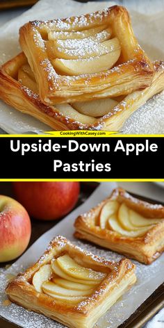 upside down apple pastries with powdered sugar on top