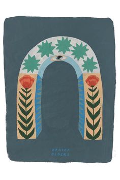 a drawing of an arch with flowers and leaves on the outside, painted in blue