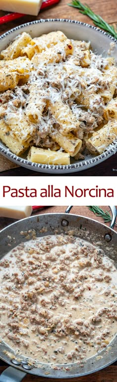 pasta alla noccina in a skillet with cheese and sauce on the side