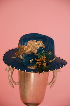 WILD RIDE SUN HAT Sun hat Judith March Kentucky Mule, Navy Hat, Race Horse, Rancher Hat, Navy Hats, Horse Designs, Colorful Feathers, Sunny Day, Sun Hat