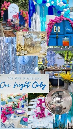 a collage of blue, pink and white decorations with the words one night only