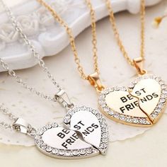 Product Description NEW Silvertone Best Friends Heart Rhinestone Necklaces Fashion Jewelry 2 Necklaces in Set Necklace Silver Gold color plated Heart Shape necklace Pendent with "Best Friends" Set of two (2) half-heart Best Friends pendant accented Pendant size 3 * 2.6cm, chain length 50cm 1 * Silver good friend necklace best friends Feedback 1. In order to provide you the best service please treat the transaction fairly. Feedback is our life, before you leave a neutral or negative feedback, please DO contact us to get a better solution, Because we don't want to get a NEUTRUAL feedback or NEGATIVE feedback . 2. If you are satisfied with our products and service, please help to leave "Positive Feedback" and "5 Perfect Stars”,for us when you receive your items and we will do the same for you Best Friend Letters, Couple Style, Heart Shaped Pendant Necklace, Bff Necklaces, Crystal Heart Pendant, Best Friend Necklaces, Bling Necklace, Friendship Jewelry, Heart Shaped Necklace