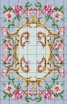 a cross stitch pattern with pink flowers and leaves on blue background, in the shape of a letter d