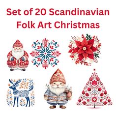 the set of 20 scandinavian folk art christmas ornaments is shown in red, white and blue