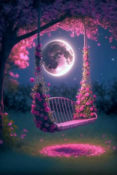 a swing chair in the middle of a field with pink flowers on it and a full moon