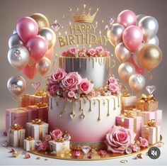 a birthday cake with pink roses and gold balloons on top is surrounded by gifts for the princess