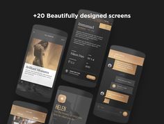 several screens showing the different features of an app on their smartphones, with gold accents and black background