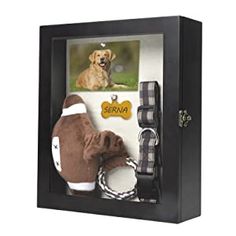 a dog's head and leash in a glass case with a keychain