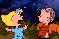 charlie brown and his friend, snoop the peanuts character talking to each other in front of a night sky