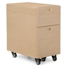 a wooden box on wheels with two drawers and one drawer is shown from the front