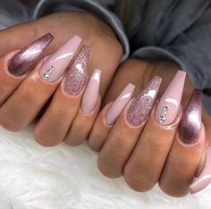 Champagne Nails, Rose Gold Nails, Coffin Nails Long, Coffin Nails Designs, Classy Nails, Manicure E Pedicure