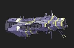 an image of a futuristic space ship in purple and yellow colors on a black background