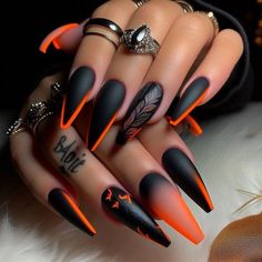 Server Nail Ideas, Gothic Fall Nails, Fancy Summer Nails, Extra Long Nail Ideas, Black And Orange Nails Acrylic, Boss Nails, Sassy Nails, Fall Nail Art Designs, October Nails