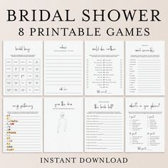 the bridal shower 8 printable games are shown with instructions for each bride and groom