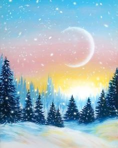 an acrylic painting of a snowy landscape with trees and the moon in the sky