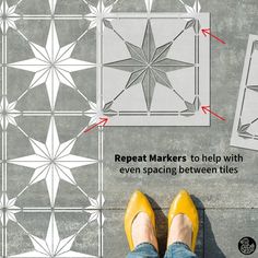 someone wearing yellow shoes standing in front of a tile floor with white stars on it and the words repeat marks to help with even spacing between tiles