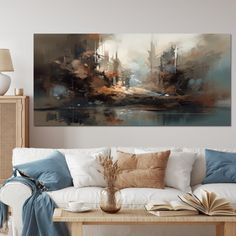 a living room filled with furniture and a painting on the wall above it's coffee table