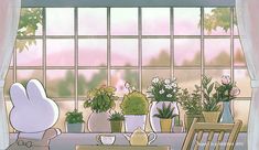 a cartoon rabbit sitting at a table with potted plants in front of a window