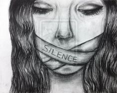 a pencil drawing of a woman's face with the word science taped to her mouth