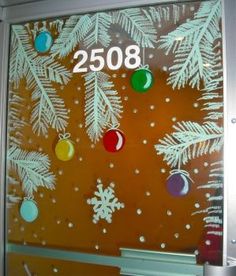 a refrigerator with christmas decorations on it and the number 2058 written on the door