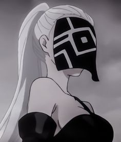 a woman with black and white hair wearing a mask