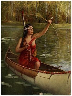 a painting of a woman in a canoe holding a bow