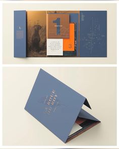 three different views of the inside of a brochure with an orange and blue cover