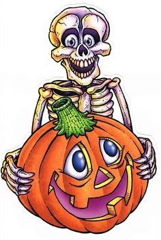 a skeleton sitting on top of a pumpkin