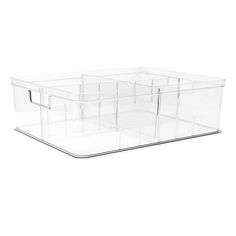 three clear plastic storage containers on a white background