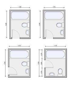 the floor plan for a small bathroom is shown in four different sizes and colors,