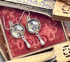 Antique Asian Fan paper ephemera earrings blue gold foiled luminescent texture bezel vintage papers Victorian jewelry Herringbone Texture, Lucite Jewelry, Vintage Papers, Assemblage Necklace, Victorian Jewelry, Earrings Blue, Paper Ephemera