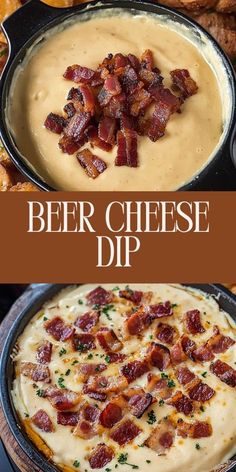 beer cheese dip with bacon in a cast iron skillet