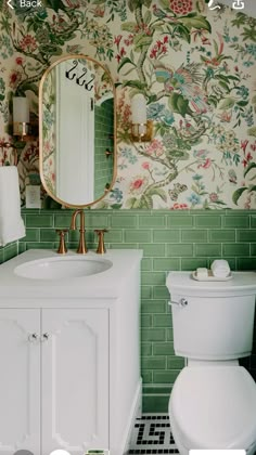 a white toilet sitting next to a bathroom sink under a mirror on top of a wall