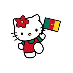 a hello kitty holding a flag with a flower on it's head and wearing a red shirt