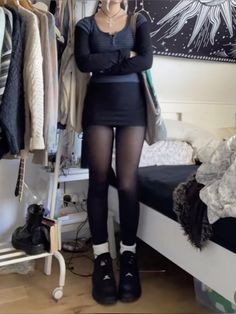 Grunge Sixth Form Outfits, Style Tights Outfit, Laid Back Professional Outfits, Long Sleeve Bodysuit Outfit Fall, Black Chunky Boots Outfit Summer, Leggings Under Skirt Outfits, Glam Rocker Outfit, Cargo Skirt With Tights, How To Style Short Black Dress