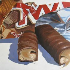 an oil painting of some food on a white tablecloth with a bag of chips