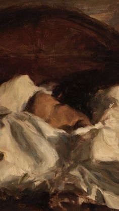 an oil painting of a woman laying in bed with her head on the pillow and white sheets