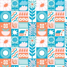 an abstract pattern with flowers and plants on blue, orange and white squares in the background