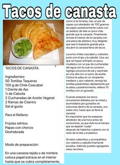 the menu for tacos de canasta