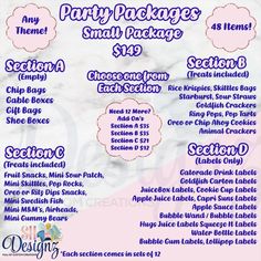 a menu for a party with pink and purple designs on the side, including clouds