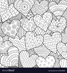 an abstract coloring page with hearts in black and white