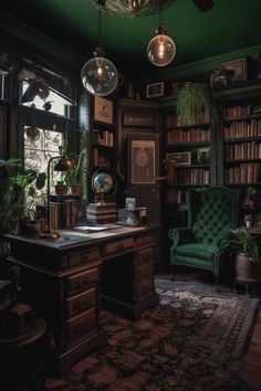 a green chair sitting in front of a desk next to a book shelf filled with books