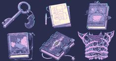 an assortment of items that include books, keys and keychains on a black background