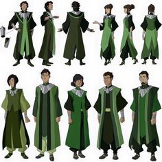 some people in green and black outfits with hats, scarves and capes on