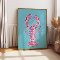 a painting of a pink lobster on a teal blue background in front of a radiator