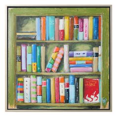 a painting of books on a green shelf