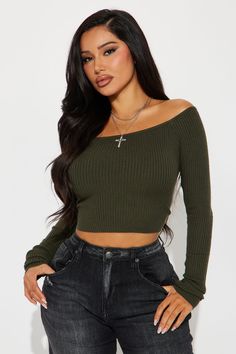 Available In Black, Ivory, And Olive. Sweater Long Sleeve Off Shoulder Cropped Ribbed 50% Rayon 30% Polyester 20% Nylon Imported | Madisyn Off Shoulder Sweater in Olive Green size 1X by Fashion Nova Seamless Crop Top For Fall, Seamless Tops For Fall, Trendy Seamless Tops For Winter, Trendy Seamless Winter Tops, Winter Seamless Tops, Glam Closet, Olive Fashion, Olive Sweater, Janet Guzman